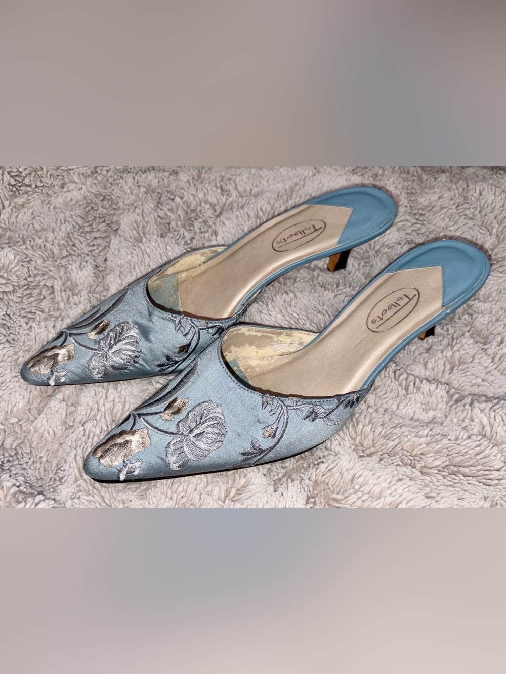 Talbots Blue Floral Embroidered Silk Pointed Toe Mules